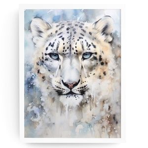 Watercolor Snow Leopard Portrait Wall Art Illustration Print Poster Unframed